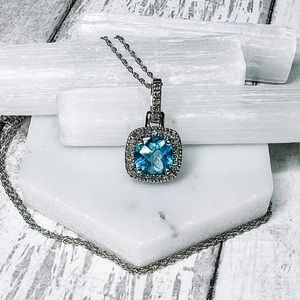 10k White Gold Blue Topaz & Diamond Necklace